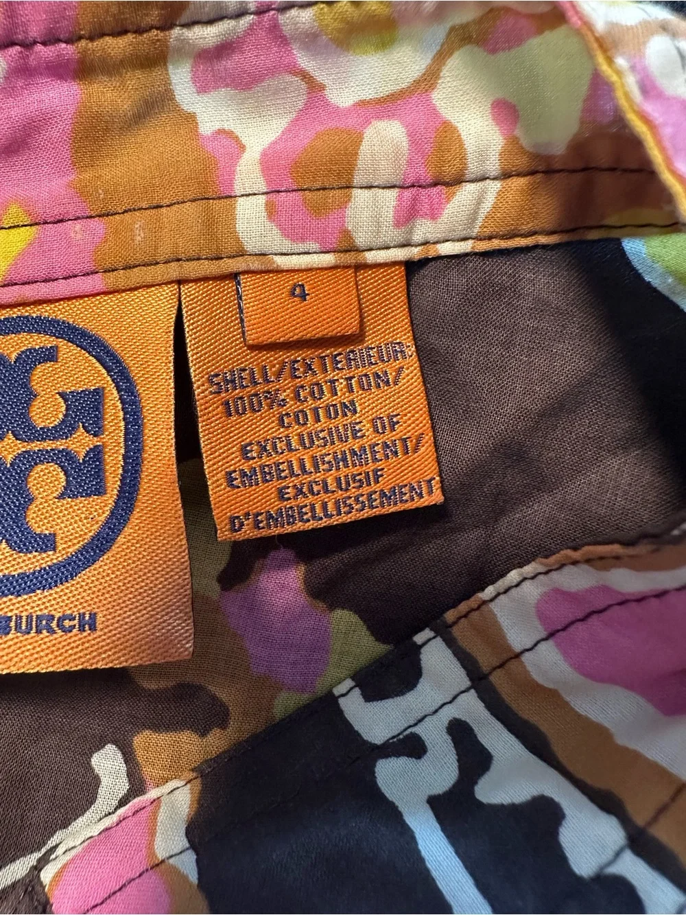 Tory Burch Brown Floral Cotton Tunic with Pink Yellow Flowers and Clear Sequins